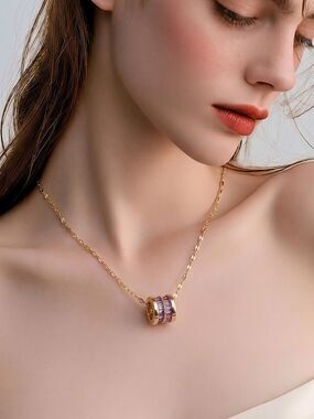 Gold Stainless Steel Purple CZ Barrel Necklace – Channel Set Crystal Pendant